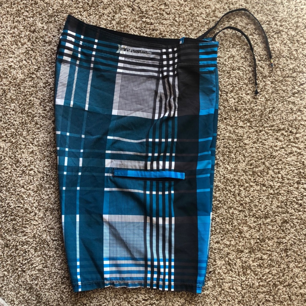 Hurley Mens Bathing Suit/Board-shorts, White/Black/Blue, Waist 32”, Length 21”